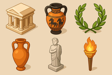 Ancient greek symbols: amphorae laurel wreath torch temple statue