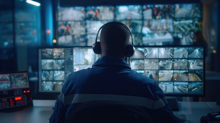 A security officer monitors multiple surveillance screens in a control room, ensuring safety and surveillance across various locations