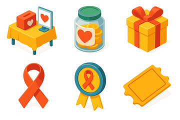 Charitable icons set with donation box, coin jar, gift, ribbon, award, ticket
