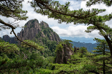 Beautiful view on the trail of Mount Huangshan, gorgeous rocks and strange pine in the mountain, in Anhui Province, China.