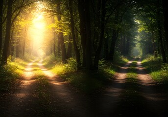 Obraz premium Sunlit Path Through Enchanted Forest Landscape