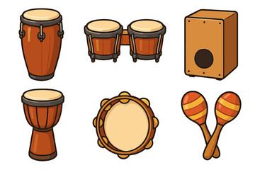 Collection of cartoon percussion instruments: conga, bongo, cajón, djembe, tambourine, maracas