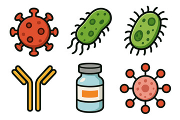 Colorful microorganisms and vaccine vial illustrations