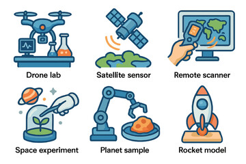 Naklejka premium Drone lab and remote space exploration with satellite and rocket models