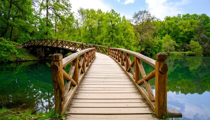 Fototapeta premium Wooden arched bridge over calm lake in park. Lush greenery surrounds tranquil scene