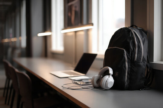 Modern coworking space desk with backpack, laptop, and headphones, creating focused atmosphere