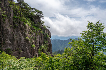 Beautiful view on the trail of Mount Huangshan, gorgeous rocks and strange pine in the mountain, in Anhui Province, China.