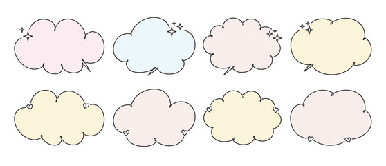 Empty color speech bubbles in line shape. Cartoon cloud shaped message box, chat box.
