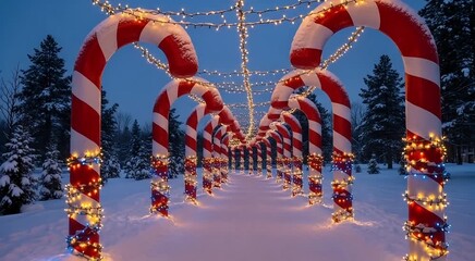 Magical pathway of giant candy canes illuminated by festive lights in a snowy winter wonderland. - Powered by Adobe