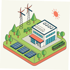 Vector art of isometric illustration of a sustainable energy power plant with solar panels and wind turbines, showcasing renewable energy sources