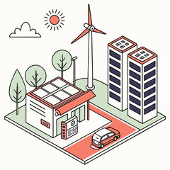 Vector art of isometric illustration of a sustainable gas station powered by solar panels and wind turbines, showcasing ecofriendly transportation and renewable energy solutions