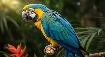 Fototapeta premium Blue and yellow macaw perched on branch