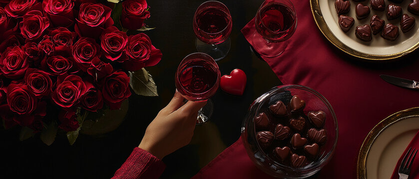 Romantic dinner setting: red roses, wine, chocolates, and heart-shaped candies