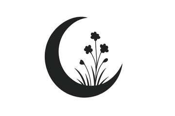 Crescent Moon with Flowers Silhouette Vector | Botanical Night Design