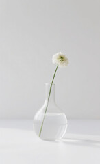 Elegant and serene still life of a single delicate white ranunculus flower in a clear glass vase against a minimalist white background