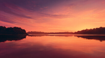 Fototapeta premium A serene sunset paints the sky with vibrant hues, reflecting beautifully on the calm lake's surface.