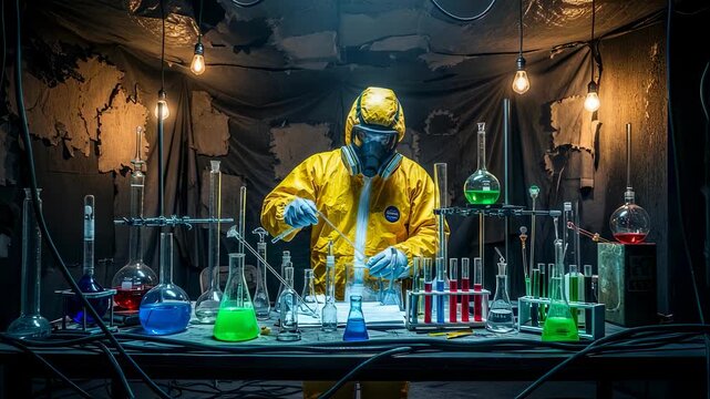 Man in hazmat suit mixing chemicals in laboratory. Secret illegal lab. Dangerous experiment with toxic liquid and substances. Footage.