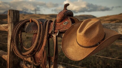 A rustic cowboy saddle, hat, and ropes hanging on a wooden fence against a scenic landscape