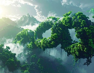 Digital Rendering of Lush Green Floating Island Chain in Misty Mountains