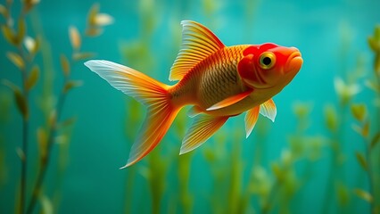 Red goldfish swimming gracefully in clear water, surrounded by aquatic plants and soft blue light.