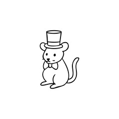 Simple black and white line drawing of a small rodent wearing a top hat and bow tie