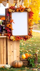 Fall Harvest Decoration with Blank Sign Autumn Leaves and Pumpkins in a Rustic Outdoor Setting