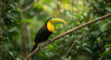 Stunning chestnut-mandibled toucan perched on a branch in lush green rainforest, vibrant colors, nature's beauty