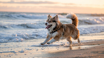 Furry pal races wind on shore