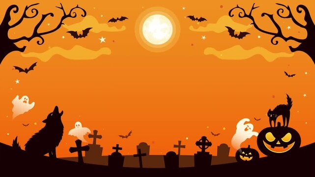 4K Halloween Background Animation. Dog howling and cat hissing under the full moon
