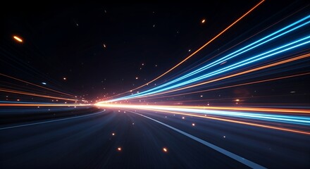 Dynamic neon light trails in blue and orange creating a sense of speed and motion on a dark road. Futuristic abstract background design concept for technology, energy, and fast movement.