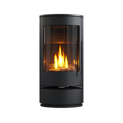 Modern, dark gray, cylindrical wood-burning stove with glass viewing panel; flames in center