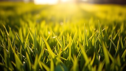 Lush green spring grass field bathed in morning sunlight, evoking freshness.