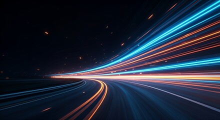 Dynamic neon light trails in blue and orange creating a sense of speed and motion on a dark road. Futuristic abstract background design concept for technology, energy, and fast movement.
