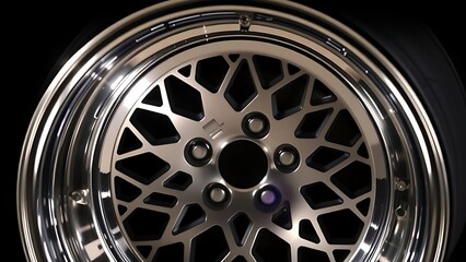 Shiny metallic wheel rim with intricate geometric design, reflecting studio lighting.