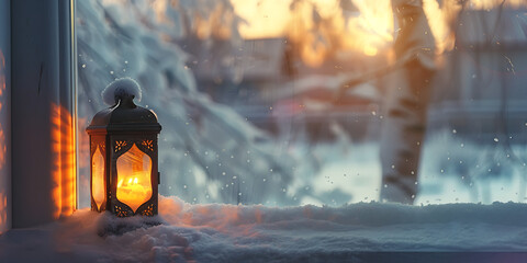 Warm lantern glows on a snowy windowsill as soft winter light filters through frosted trees.