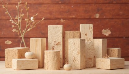 A serene arrangement of wooden blocks of varying sizes on a rustic wooden table, with delicate leaves in the background