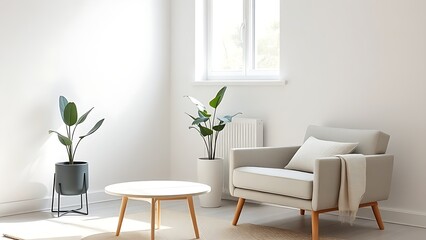 Fototapeta premium Minimalist interior corner with contemporary furniture and a decorative plant, embodying Scandinavian simplicity and light.