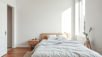Fototapeta premium A corner of a modern minimalist bedroom featuring a bed and nightstand, bathed in soft natural ambient light.