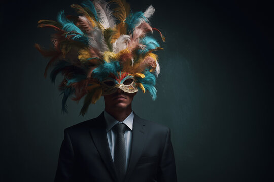 Businessman Wearing Colorful Feather Mask