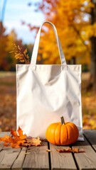 Canvas Tote Bag Mockup with Pumpkin and Autumn Leaves on Wooden Table Outdoor