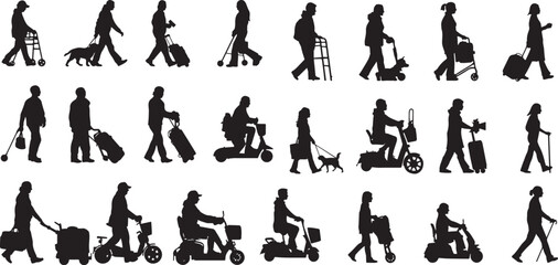 Diverse People Walking and Using Transportation, Silhouette Illustration