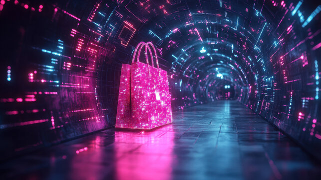Glowing neon shopping bag placed in futuristic digital tunnel with pink and blue lights, cyber monday deals atmosphere, modern digital shopping scene