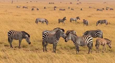 Obraz premium African zebras grazing peacefully in the golden savanna landscape, creating a stunning wildlife scene for travel and nature enthusiasts