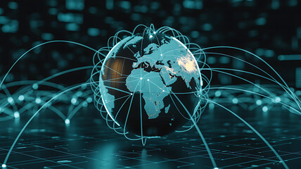 3D Globe with Digital Links and Futuristic Global Network Connections Background