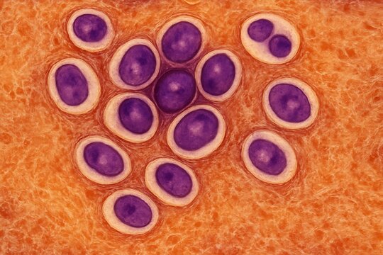 Microscopic view of coccidia oocysts, parasitic protozoan that causes coccidiosis
