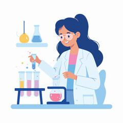 A smiling scientist in a lab coat conducts experiments using beakers and test tubes.