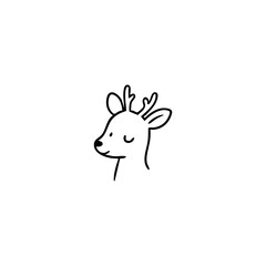 Simple black line drawing of a deer's head, profile view. Antlers are small and delicate, and the face is stylized with large eyes