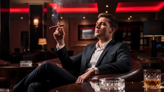 Young man in a suit smoking cigar in a cozy, luxurious lounge with red lighting. Wealthy lifestyle and relaxation footage.
