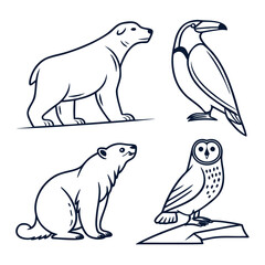 Collection of stylized line art illustrations featuring polar bears a toucan and an owl on white background © MST SABLRON