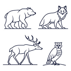 Set of four stylized line art illustrations of wild animals including a bear fox deer and owl